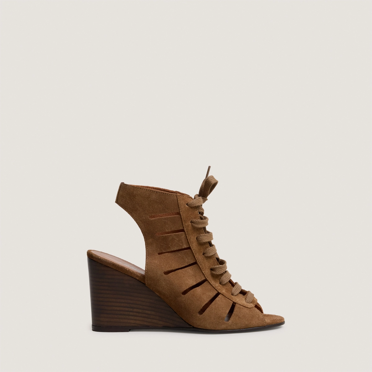 Lace-up wedge backless sandals in cognac split leather | DATELLE