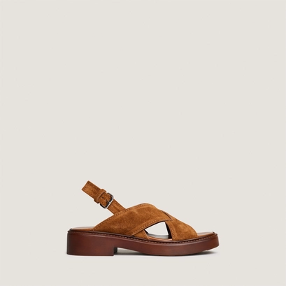 Interlaced strap sandals in cognac split leather | elio