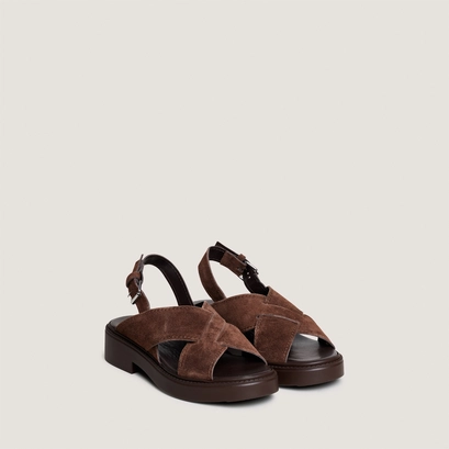 Interlaced strap sandals in dark brown split leather | elio