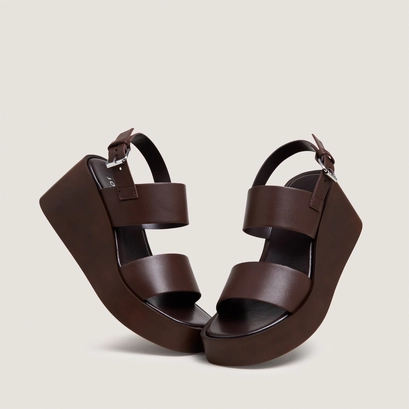 Wedge sandals with wide straps in cacao leather | elisa