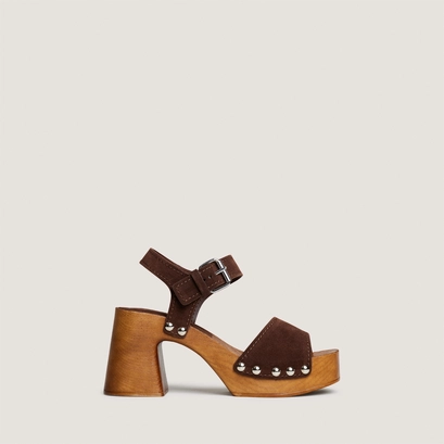 Platform studded sandals in dark brown split leather | elodie