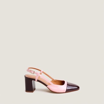 Heeled slingbacks in burgundy patent leather and petal pink pleated patent leather | dhapop