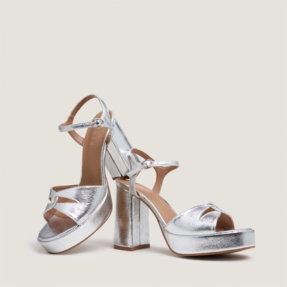 Platform high-heel sandals in silver metallic textile | justine