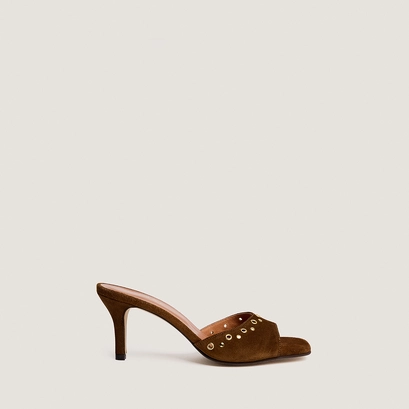 High-heel studded mules in cognac split leather | vive