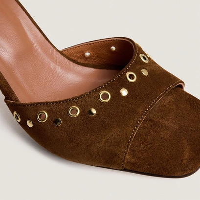 High-heel studded mules in cognac split leather | vive
