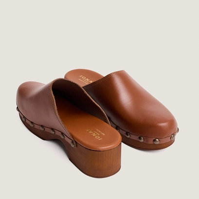Platform mules in cognac leather | naky