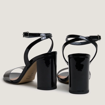 High-heel ankle-strap sandals in black vinyl and black patent leather | danger