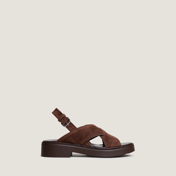 Interlaced strap sandals in dark brown split leather | ELIO