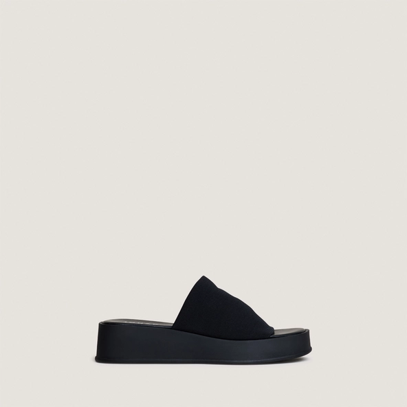 Platform mules in black textile | EVANN