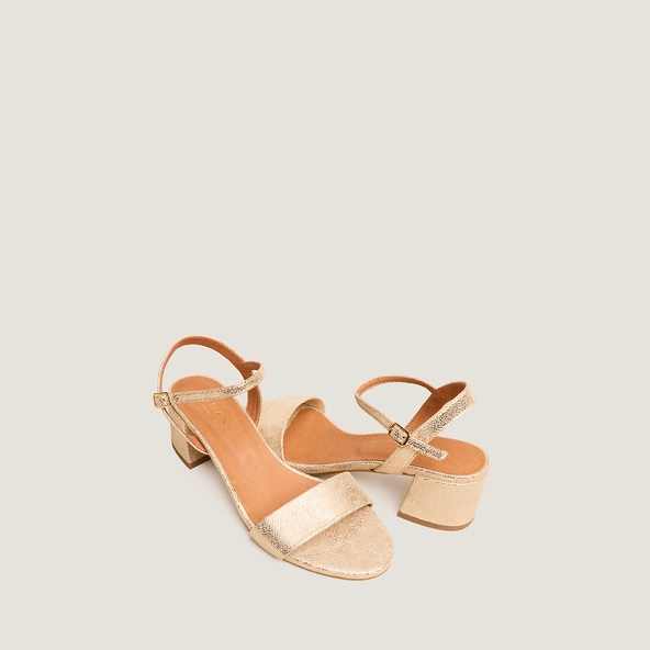Round-toe heeled sandals in platinum laminated suede | ANKER