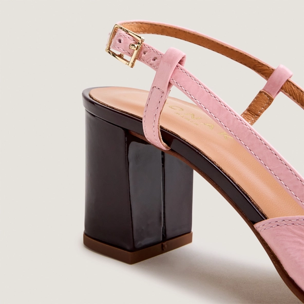 Heeled slingbacks in burgundy patent leather and petal pink pleated patent leather | DHAPOP