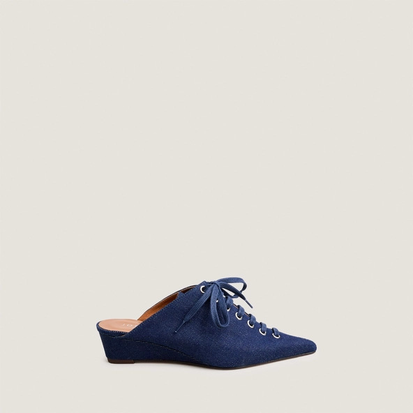 Lace-up wedge mules in navy blue denim | DOLEANE