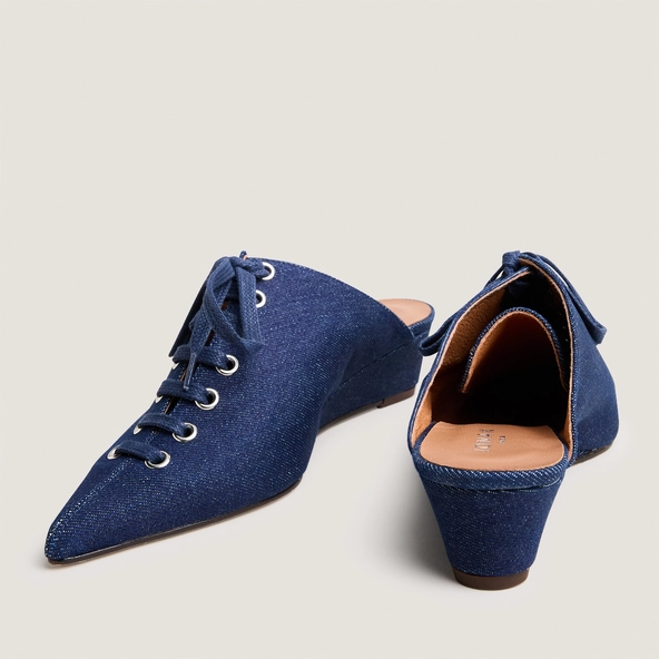 Lace-up wedge mules in navy blue denim | DOLEANE
