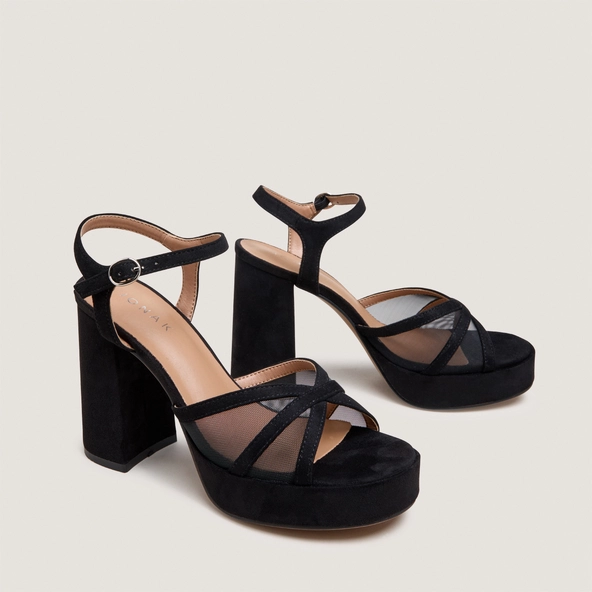 Platform high-heel sandals in black textile and black mesh | JENNYFER