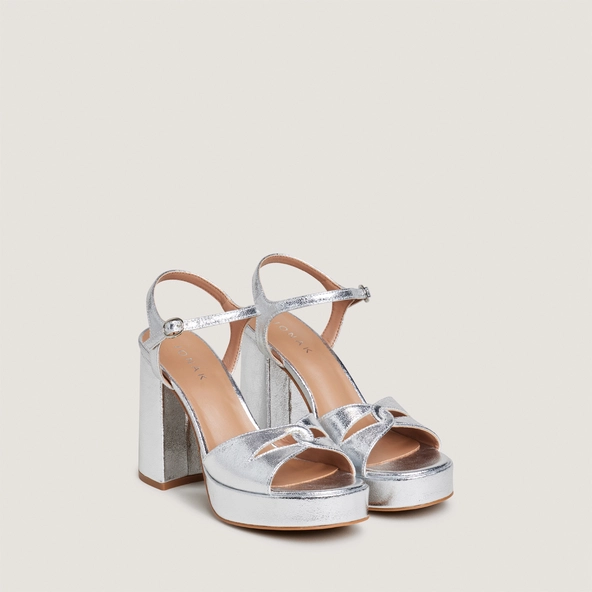 Platform high-heel sandals in silver metallic textile | JUSTINE