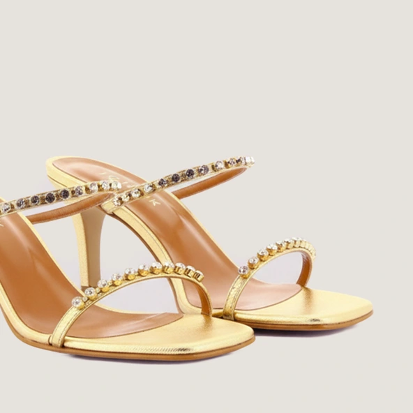 Heeled sandals with thin Swarovski straps in gold crackled leather | VAMOUREUSE
