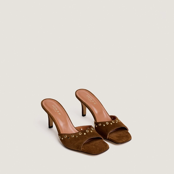 High-heel studded mules in cognac split leather | VIVE