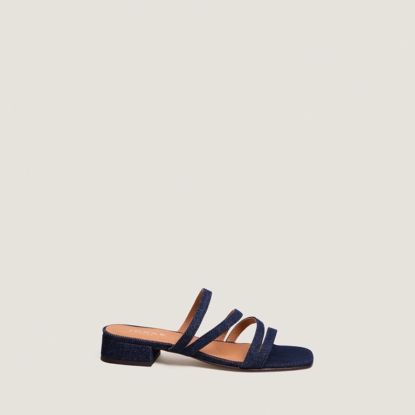 Low-heel mules with thin straps in navy blue denim | ALPILLES