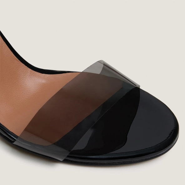 High-heel ankle-strap sandals in black vinyl and black patent leather | DANGER