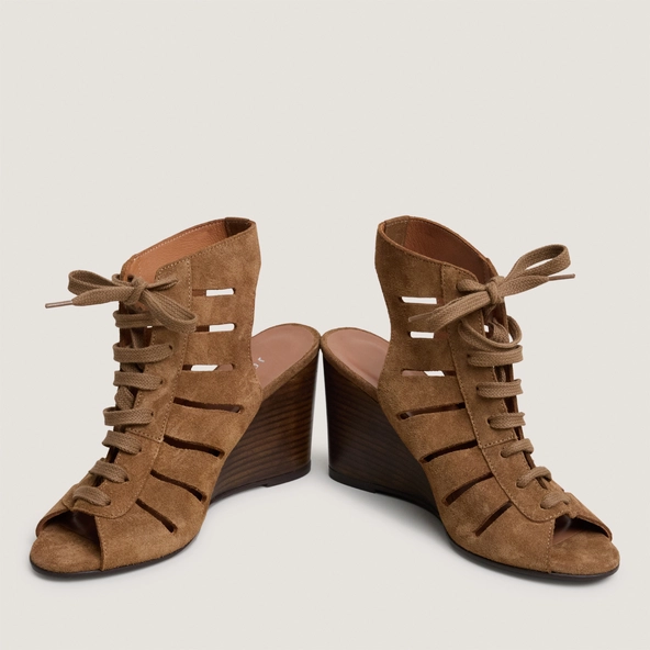 Lace-up wedge backless sandals in cognac split leather | DATELLE
