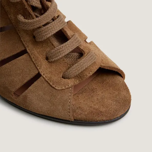 Lace-up wedge backless sandals in cognac split leather | DATELLE
