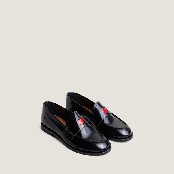 Round-toe loafers with heart detail - Capsule mini in black glazed leather | MINI DONJUAN