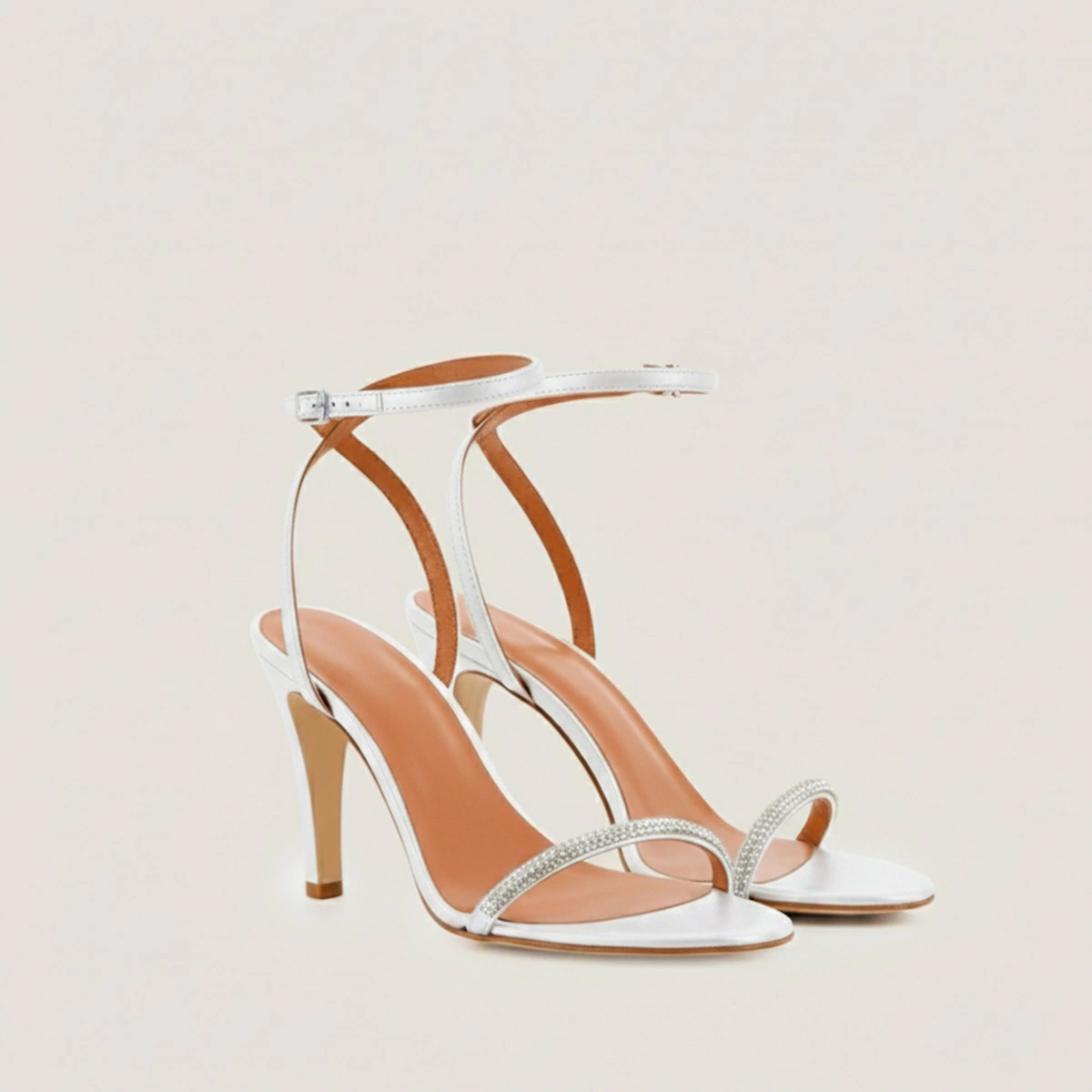 Sandals with slim straps and Swarovski crystals in ecru leather | VALLIANCE