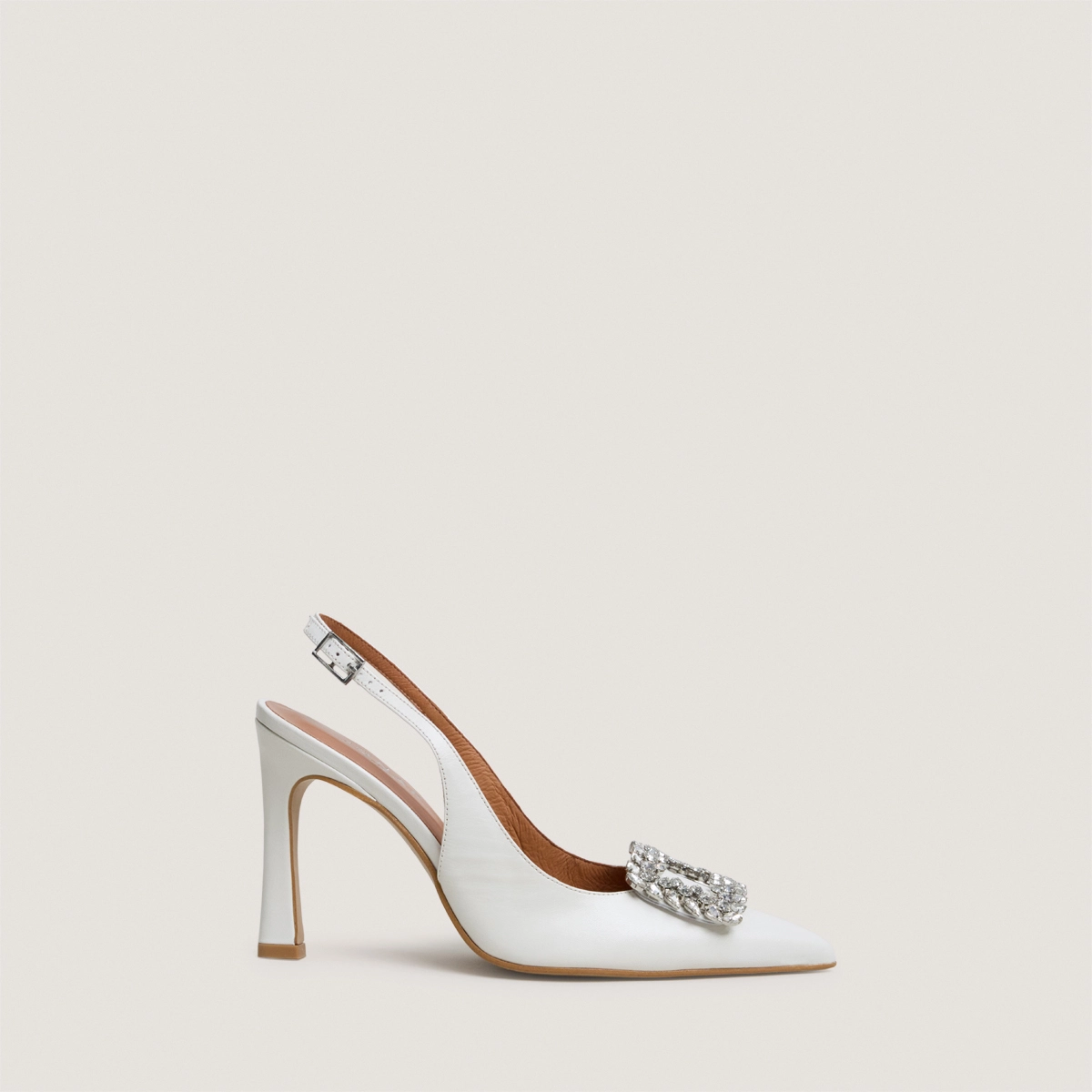 Slingback pumps embellished with rhinestones in ecru leather | DOVELA