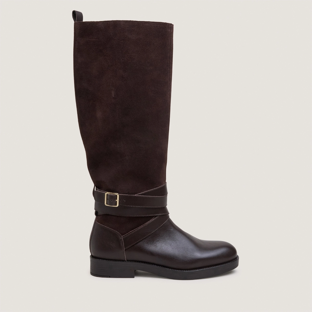Riding boots with ankle straps in chocolate leather and chocolate split leather | THEA
