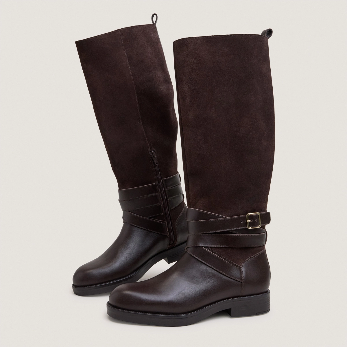 Riding boots with ankle straps in chocolate leather and chocolate split leather | THEA