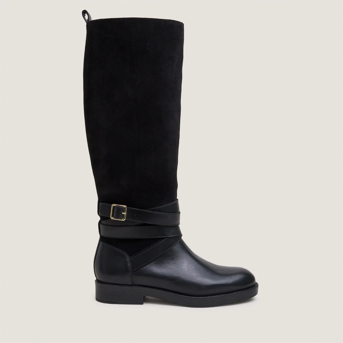 Riding boots with ankle straps in black leather and black split leather THEA