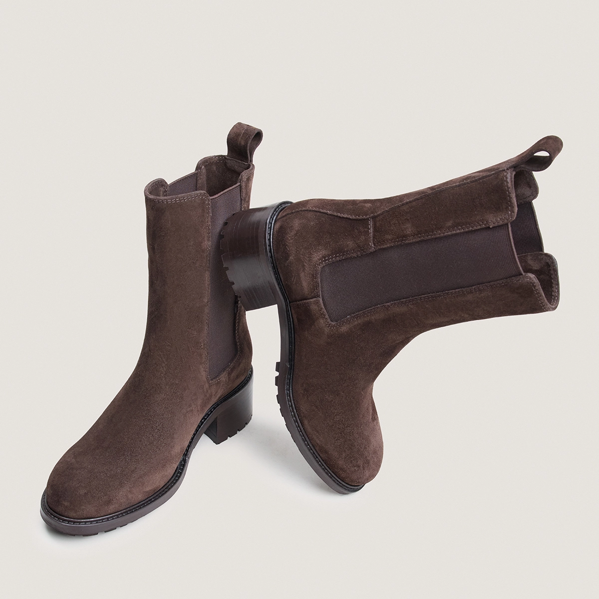 Ankle boots with elastic and lug soles in brown split leather | LINE