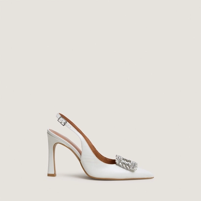 Slingback pumps embellished with rhinestones in ecru leather | dovela
