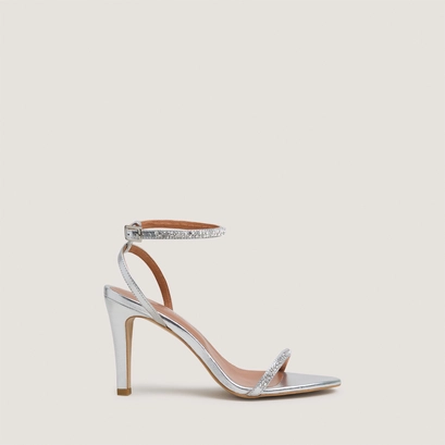 Sandals with slim straps and swarovski crystals in silver metallic leather | valliance