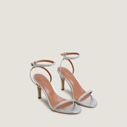 Sandals with slim straps and swarovski crystals in silver metallic leather | valliance