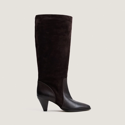 Boots with pointed heels in brown leather and brown split leather | leonore