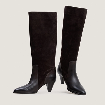 Boots with pointed heels in brown leather and brown split leather | leonore