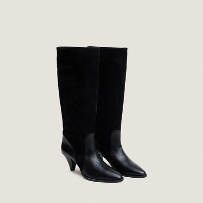 Boots with pointed heels in black leather and black split leather | leonore