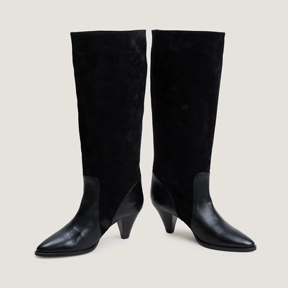 Boots with pointed heels in black leather and black split leather | leonore