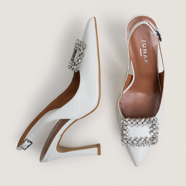 Slingback pumps embellished with rhinestones in ecru leather | DOVELA