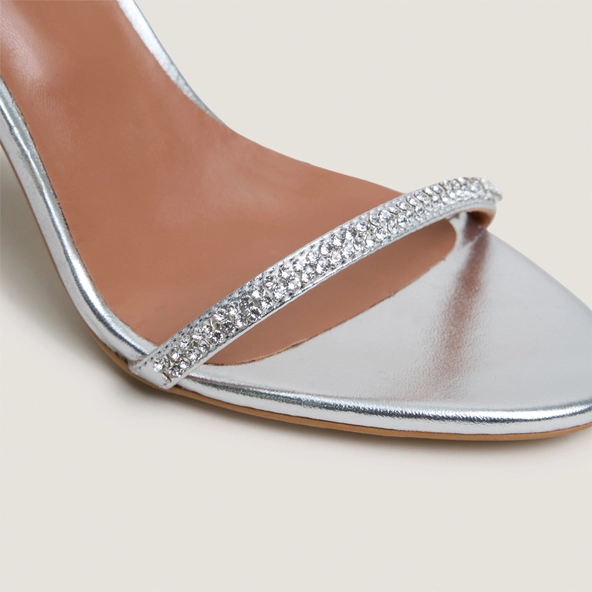 Sandals with slim straps and Swarovski crystals in silver metallic leather | VALLIANCE