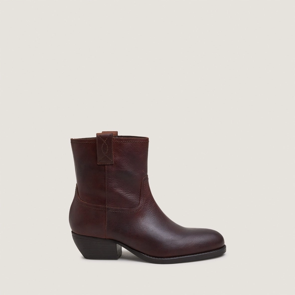 Round-toe ankle boots with block heels in brown grained leather | TERRA