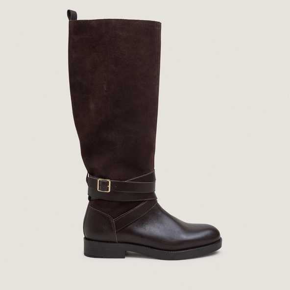 Riding boots with ankle straps in chocolate leather and chocolate split leather | THEA