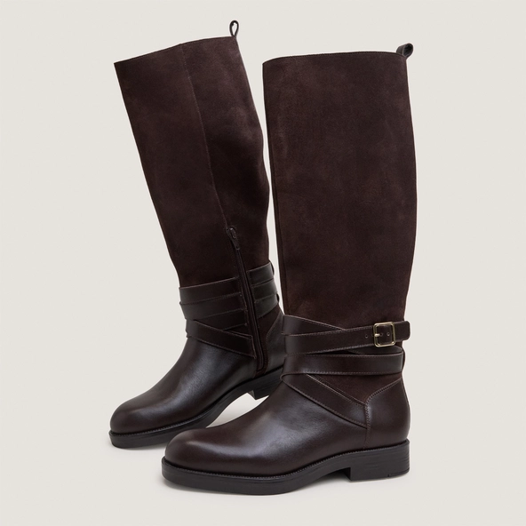 Riding boots with ankle straps in chocolate leather and chocolate split leather | THEA