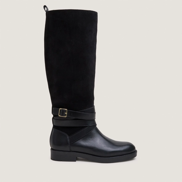 Riding boots with ankle straps in black leather and black split leather THEA
