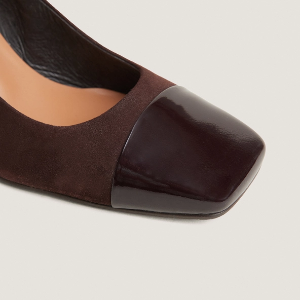 Block heels square-toe pumps in dark brown patent leather and brown suede | DOG