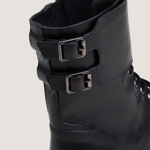 Lace-up low boots with double buckle straps black