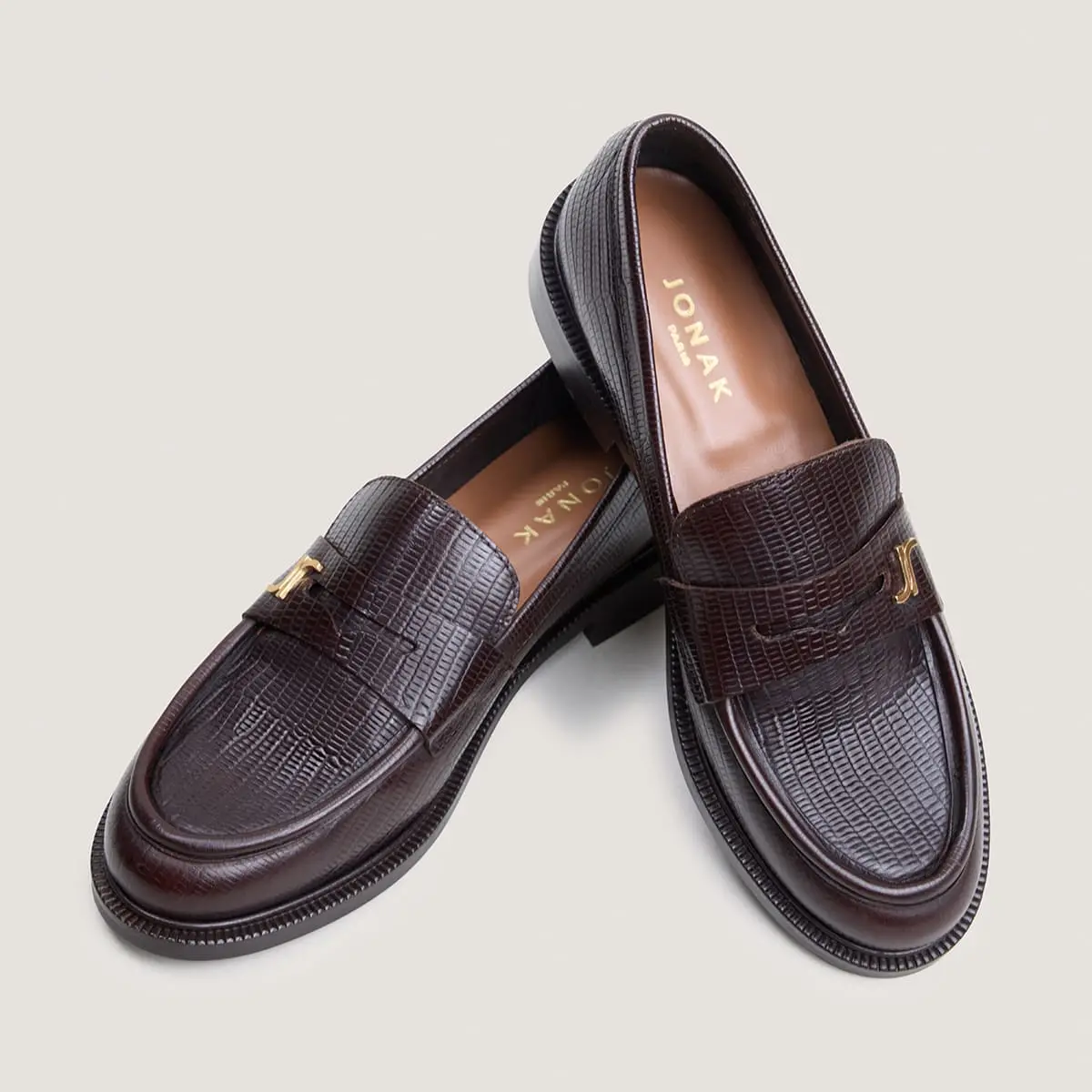 Round-toed loafers with monograms in dark brown lizard leather | DUEDI