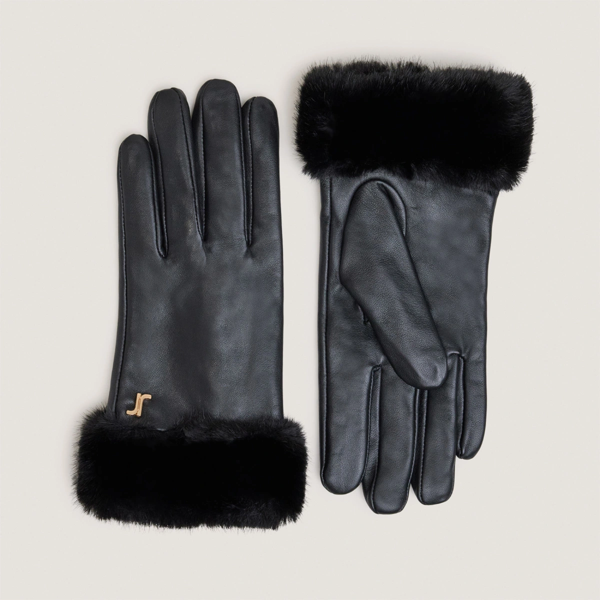 Monogram gloves in black leather and black synthetic fur | JOSETTE
