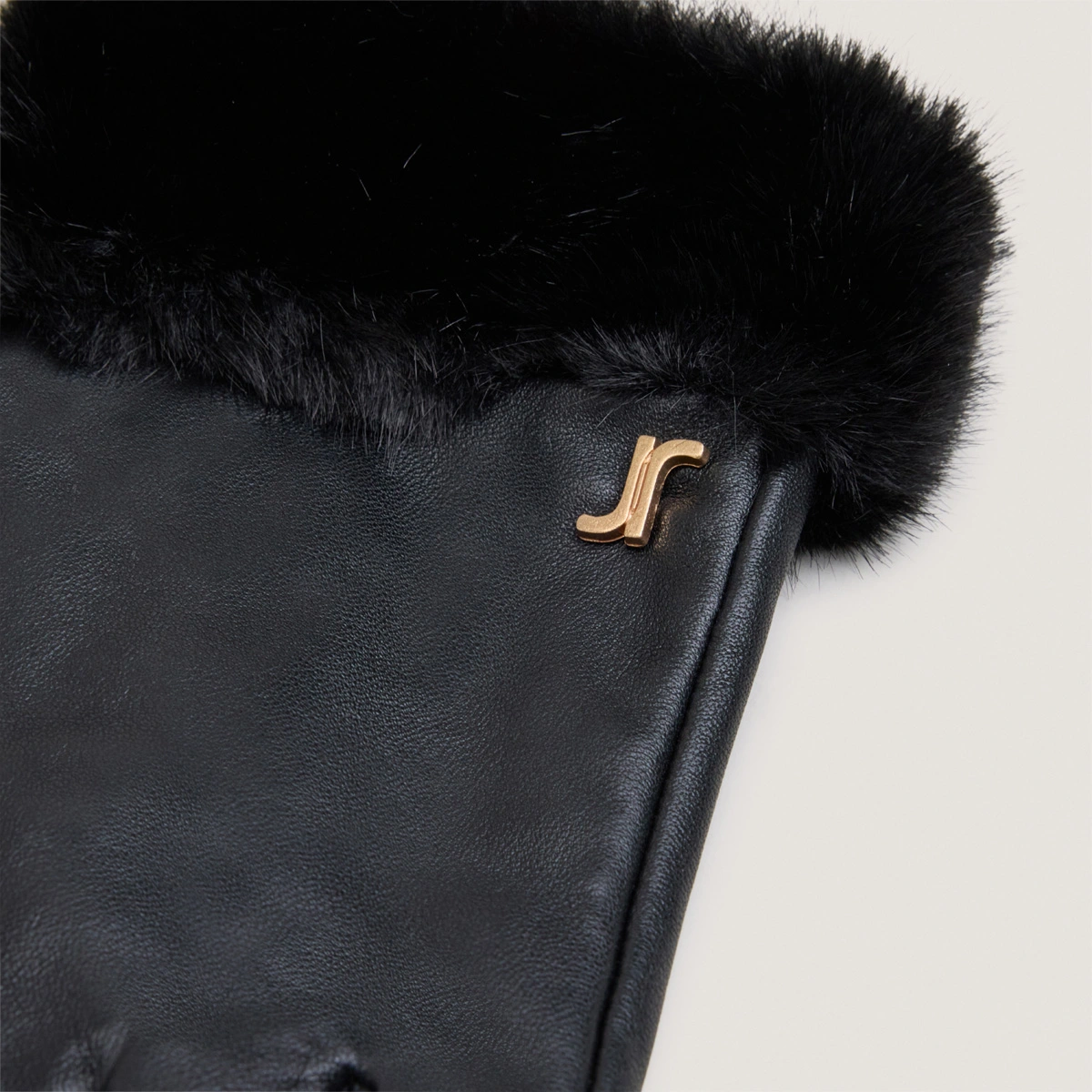 Monogram gloves in black leather and black synthetic fur | JOSETTE